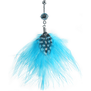 RHODIUM PLATED BRASS JEWELLED NAVEL BANANA WITH DANGLING CHARM - FEATHER