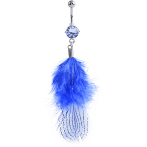 RHODIUM PLATED BRASS JEWELLED NAVEL BANANA WITH DANGLING CHARM - FEATHER