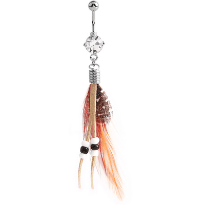 RHODIUM PLATED BRASS JEWELLED NAVEL BANANA WITH DANGLING CHARM - FEATHER