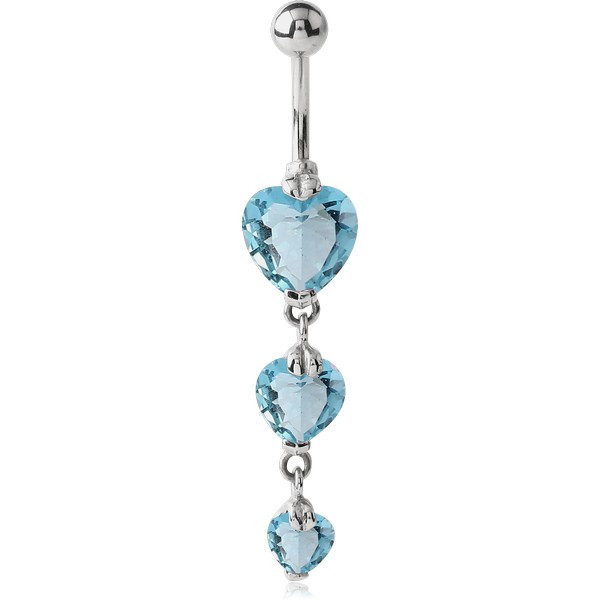 RHODIUM PLATED BRASS JEWELED NAVEL BANANA - TRIPPLE HEARTS