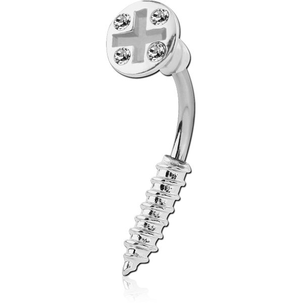 RHODIUM PLATED BRASS JEWELLED NAVEL BANANA - TWO-SIDED SCREW