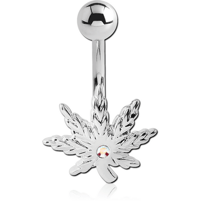 RHODIUM PLATED BRASS JEWELLED NAVEL BANANA - MARIJUANA LEAF