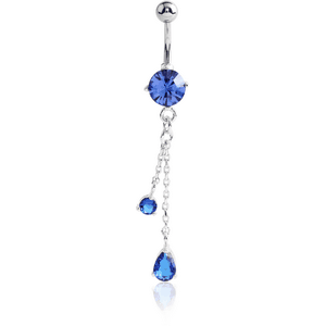 RHODIUM PLATED BRASS JEWELLED NAVEL BANANA WITH DANGLE CHARM