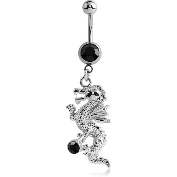 SURGICAL STEEL JEWELLED NAVEL BANANA WITH DANGLING CHARM - DRAGON