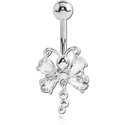 RHODIUM PLATED BRASS JEWELLED BUTTERFLY NAVEL BANANA WITH DANGLING CHARM - BALLS
