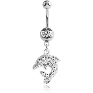 SURGICAL STEEL JEWELED NAVEL BANANA WITH DOLPHIN CHARM