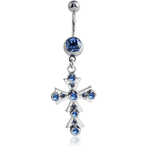 SURGICAL STEEL JEWELLED NAVEL BANANA WITH DANGLING CHARM - CROSS