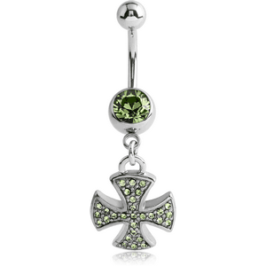 SURGICAL STEEL JEWELED NAVEL BANANA WITH IRON CROSS CHARM