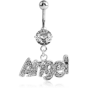 RHODIUM PLATED JEWELED FASHION NAVEL BANANA WITH ANGEL CHARM