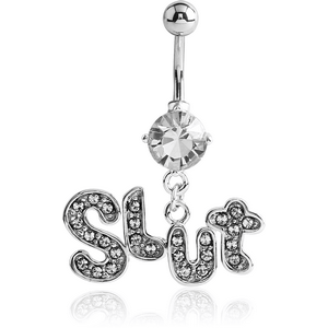 RHODIUM PLATED BRASS JEWELLED NAVEL BANANA WITH DANGLING CHARM - SLUT