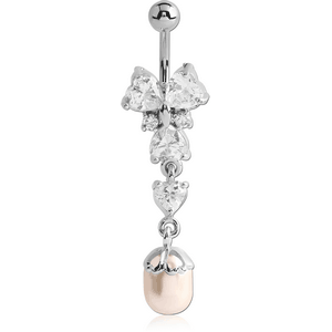 RHODIUM PLATED BRASS JEWELLED BUTTERFLY NAVEL BANANA WITH DANGLING CHARM - SYNTHETIC PEARL
