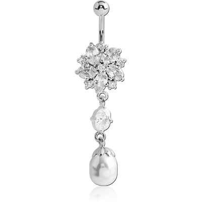 RHODIUM PLATED BRASS SNOWFLAKE JEWELLED NAVEL BANANA WITH DANGLING CHARM - SYNTHETIC PEARL