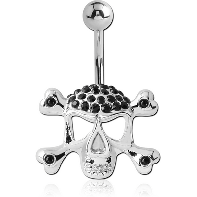 RHODIUM PLATED BRASS CRYSTALINE JEWELLED NAVEL BANANA - SKULL CROSSBONES