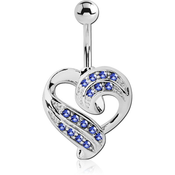 RHODIUM PLATED BRASS JEWELLED NAVEL BANANA - HEART