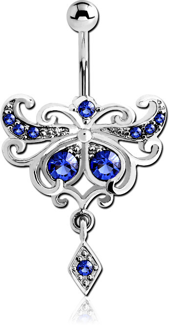 RHODIUM PLATED BRASS TRIBLE VALUE JEWELED NAVEL BANANA WITH DANGLING CHARM - RHOMBUS