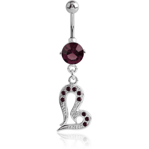 RHODIUM PLATED BRASS JEWELED NAVEL BANANA WITH DANGLING CHARM - HEART