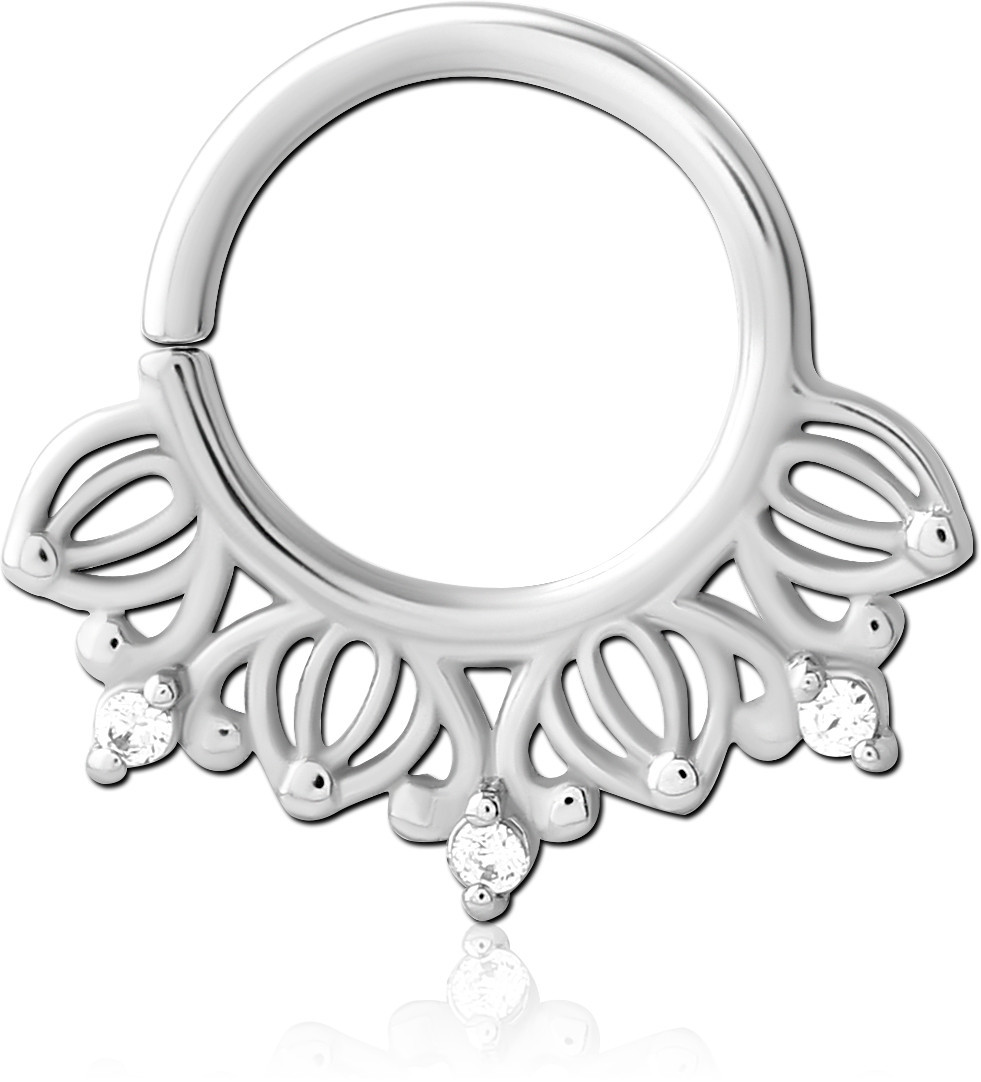316L SURGICAL STEEL SEAMLESS RING FILIGREE FAN WITH THREE CLEAR GEMS