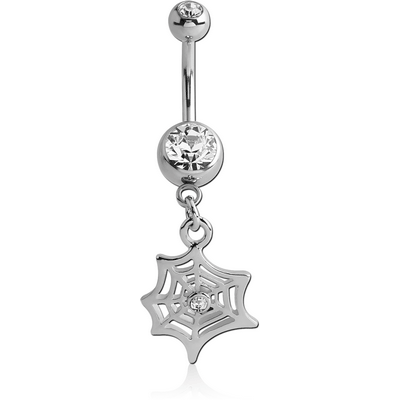 RHODIUM PLATED DOUBLE JEWELLED NAVEL BANANA WITH WEB CHARM