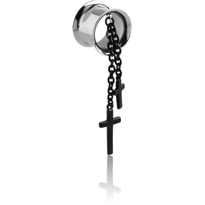 SURGICAL STEEL DOUBLE FLARED TUNNEL WITH CHAINCROSS CHARMS
