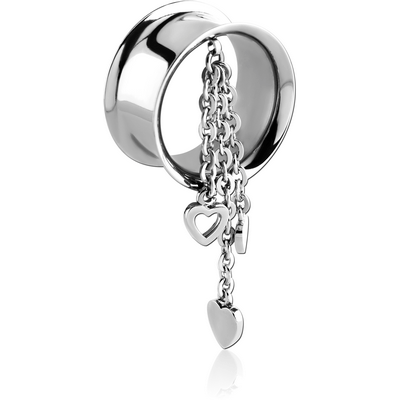 SURGICAL STEEL DOUBLE FLARED TUNNEL WITH CHAIN HEART CHARMS