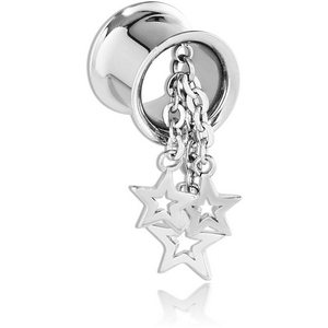 SURGICAL STEEL DOUBLE FLARED TUNNEL WITH CHAIN STAR CHARMS