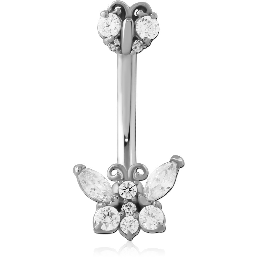 316L SURGICAL STEEL NAVEL BANANA FILIGREE MARQUISE AND ROUND CLUSTER GEMS
