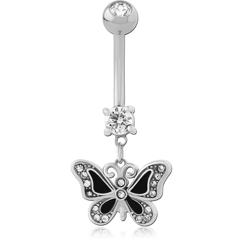 SURGICAL STEEL NAVEL BANANA WITH BLACK ENAMEL BUTTERFLY AND GEM DANGLE