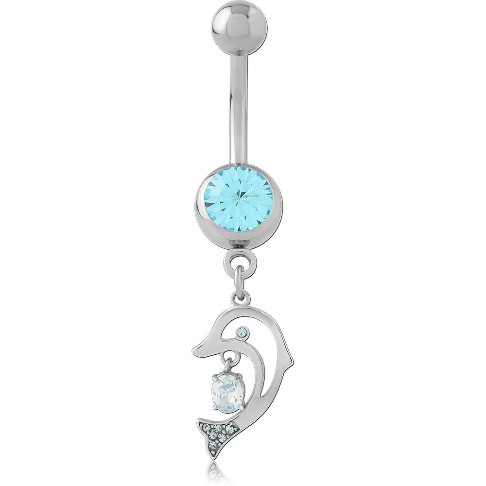 SURGICAL STEEL NAVEL BANANA JEWELED TOP WITH DOLPHIN DANGLE CHARM BLUE GEMS