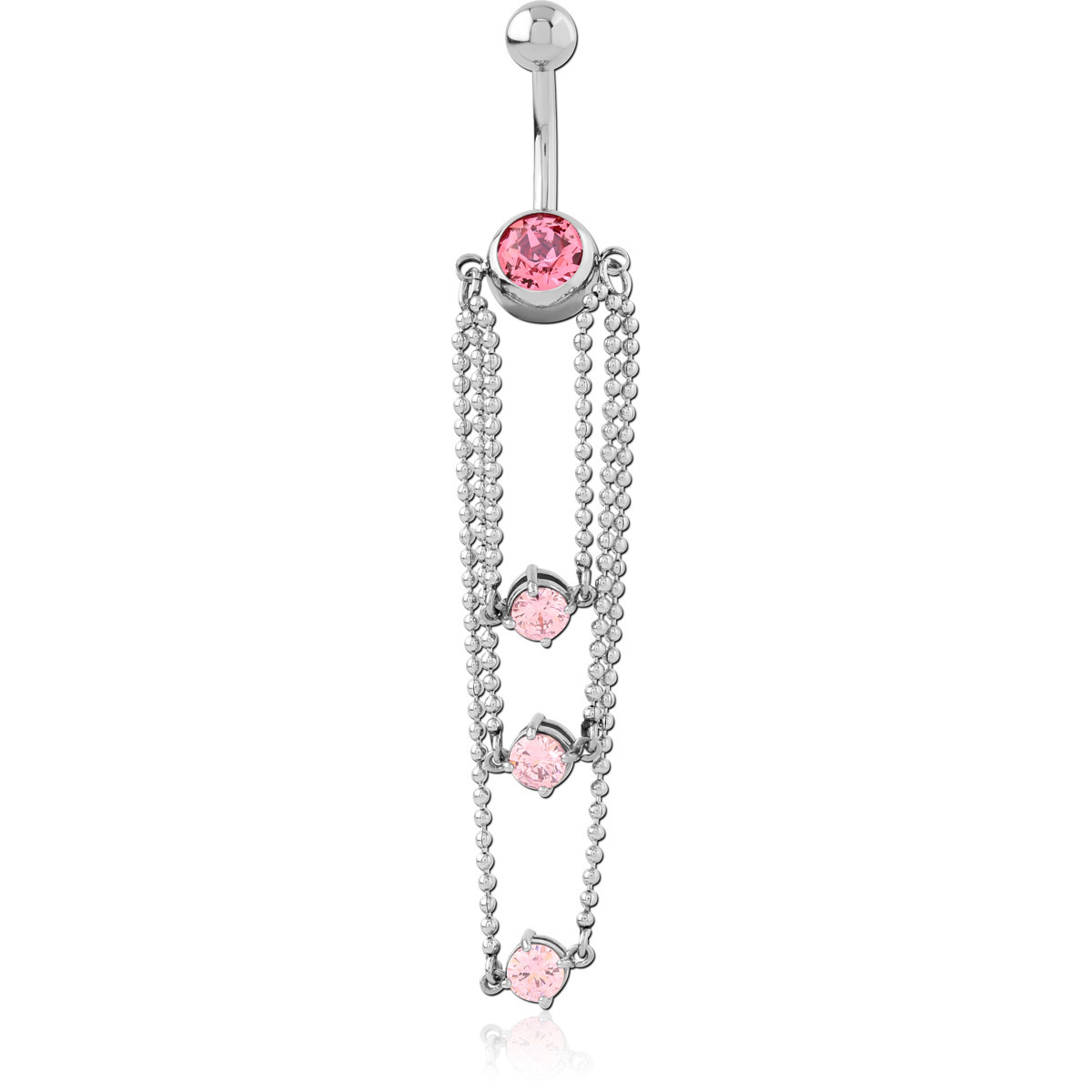 SURGICAL STEEL NAVEL BANANA PINK GEMS WITH MULTI CHAIN DANGLE