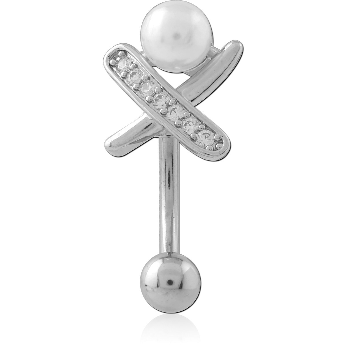SURGICAL STEEL NAVEL BANANA PEARL TOP PAVE X ACCENT DETAIL