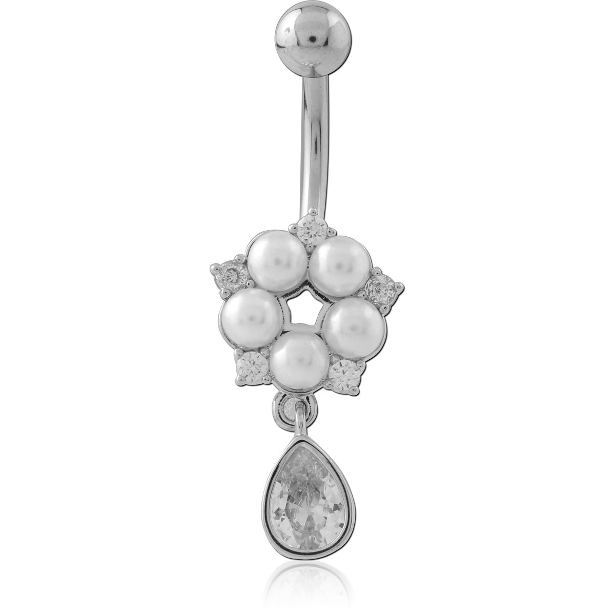 SURGICAL STEEL NAVEL BANANA PEARL FLOWER CLUSTER WITH TEARDROP GEM CHARM