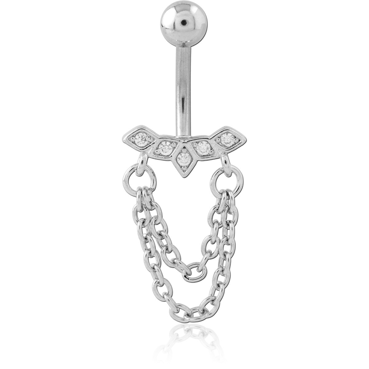 SURGICAL STEEL NAVEL BANANA PAVE BAR WITH DOUBLE DRAPED CHAIN CHARMS