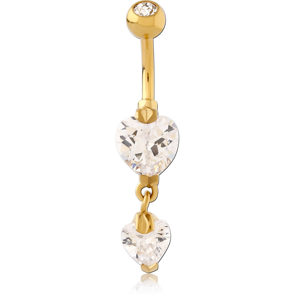 316L GOLD PVD 18K COATED SURGICAL STEEL DOUBLE HEART CZ DOUBLE JEWELED DANGLE NAVEL BANANA