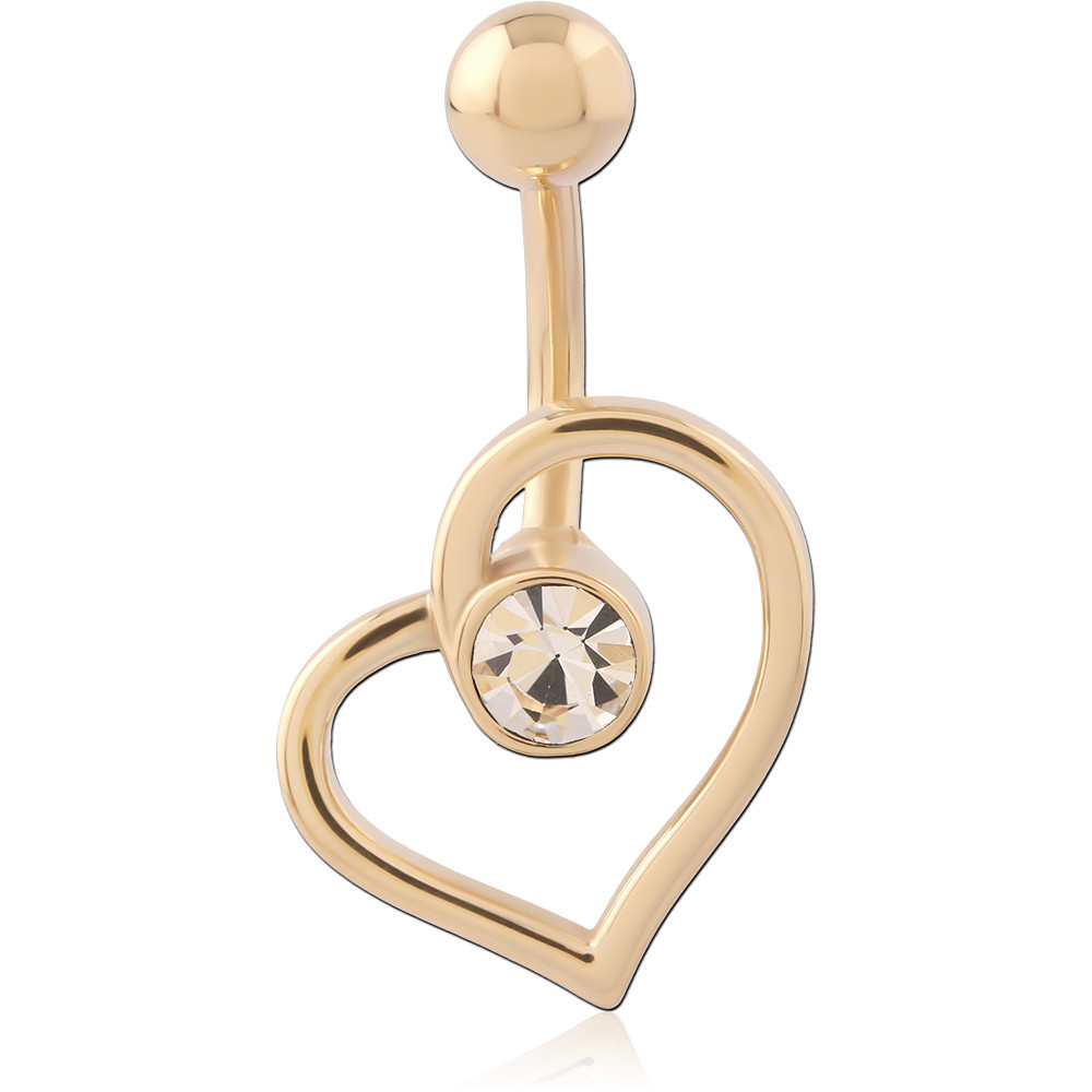 GOLD PVD 18K COATED SURGICAL STEEL BANANA OPEN DOUBLE HEART CLEAR GEM