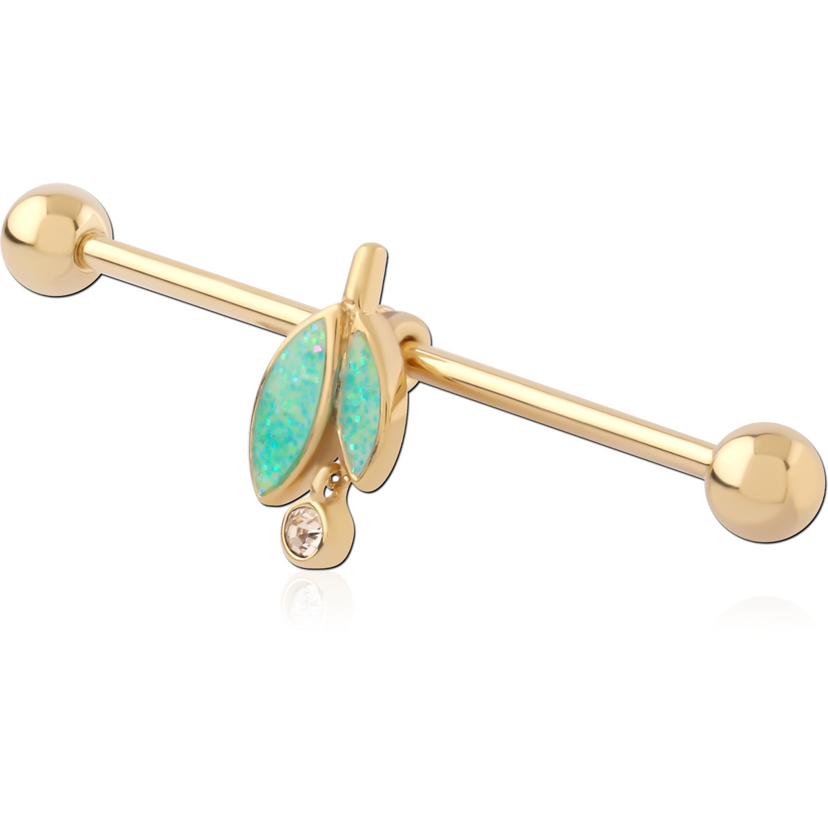 316L GOLD PVD 18K COATED SURGICAL STEEL INDUSTRIAL BARBELL WITH OPAL LEAF CHARM