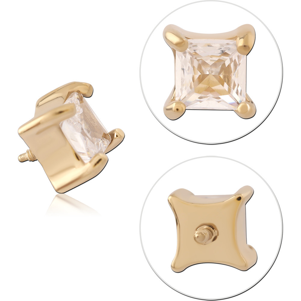 316L GOLD PVD 18K COATED SURGICAL STEEL INTERNAL THREADED TOP SQUARE GEM PRONG