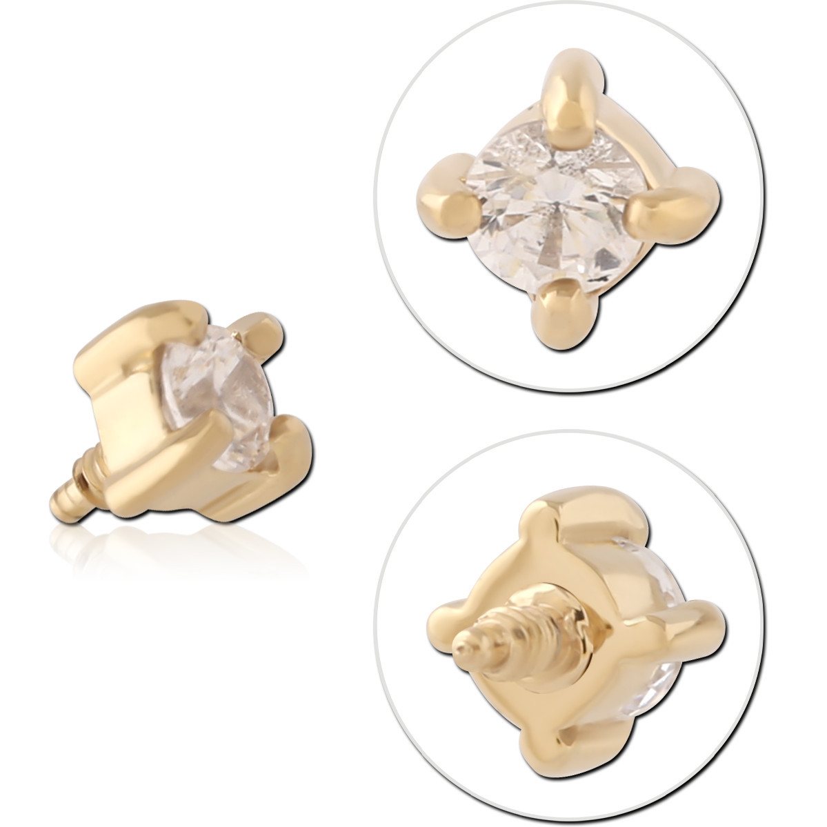316L GOLD PVD 18K COATED SURGICAL STEEL INTERNAL THREADED TOP ROUND GEM PRONG