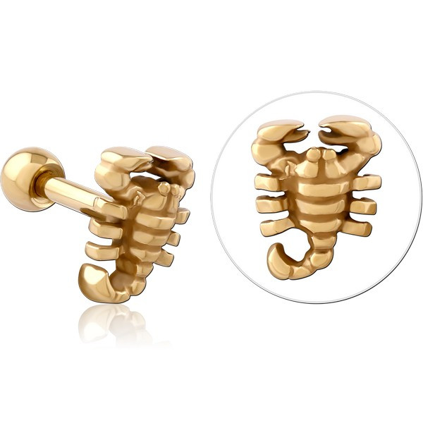 GOLD PVD 18K COATED SURGICAL STEEL TRAGUS MICRO BARBELL - SCORPION