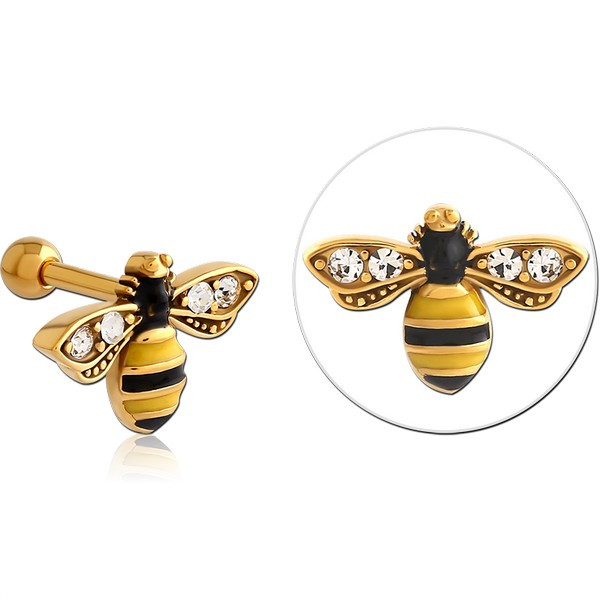 GOLD PVD 18K COATED SURGICAL STEEL JEWELED TRAGUS MICRO BARBELL - BEE
