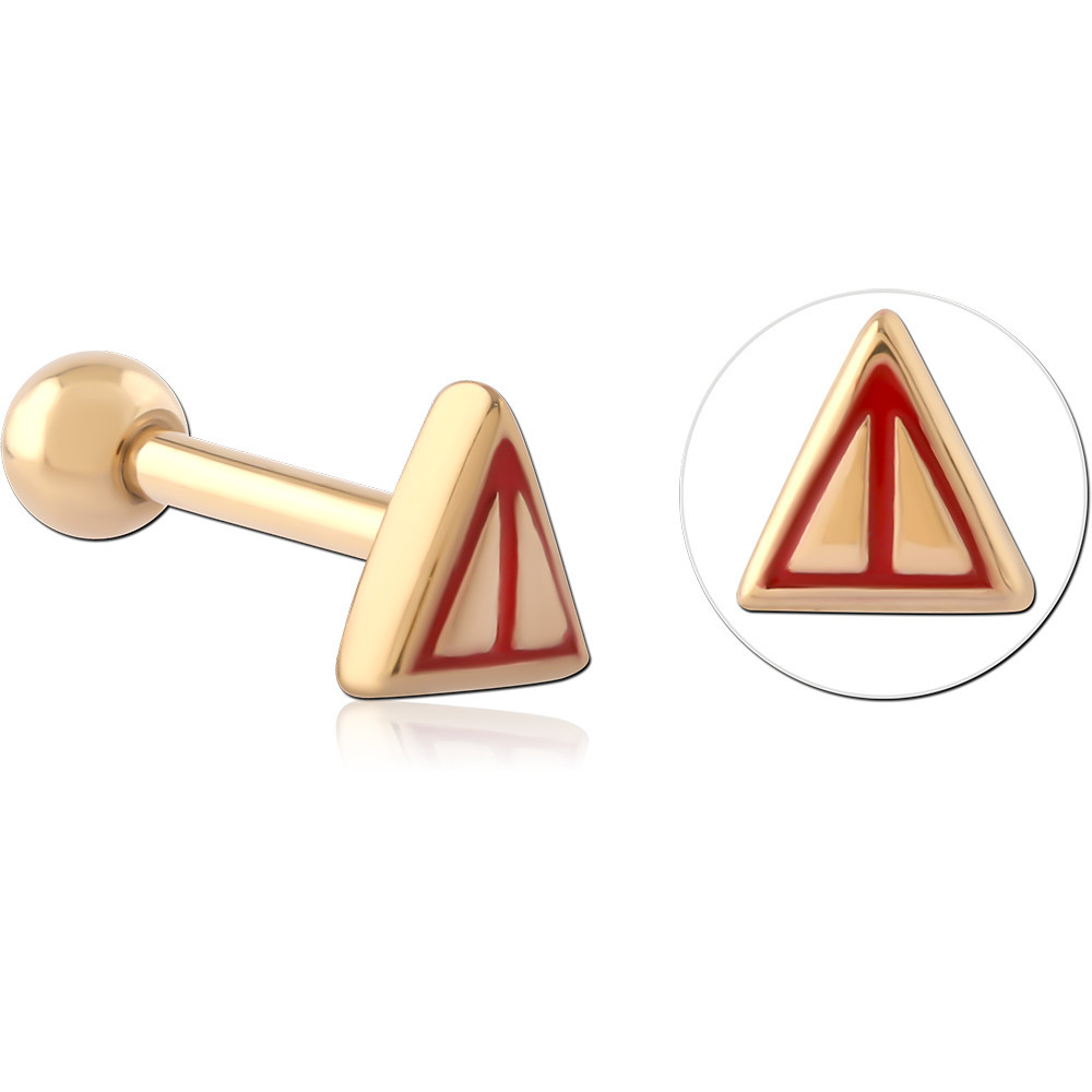 GOLD PVD COATED SURGICAL STEEL CARTILAGE BARBELL TRIANGLE RED ENAMEL