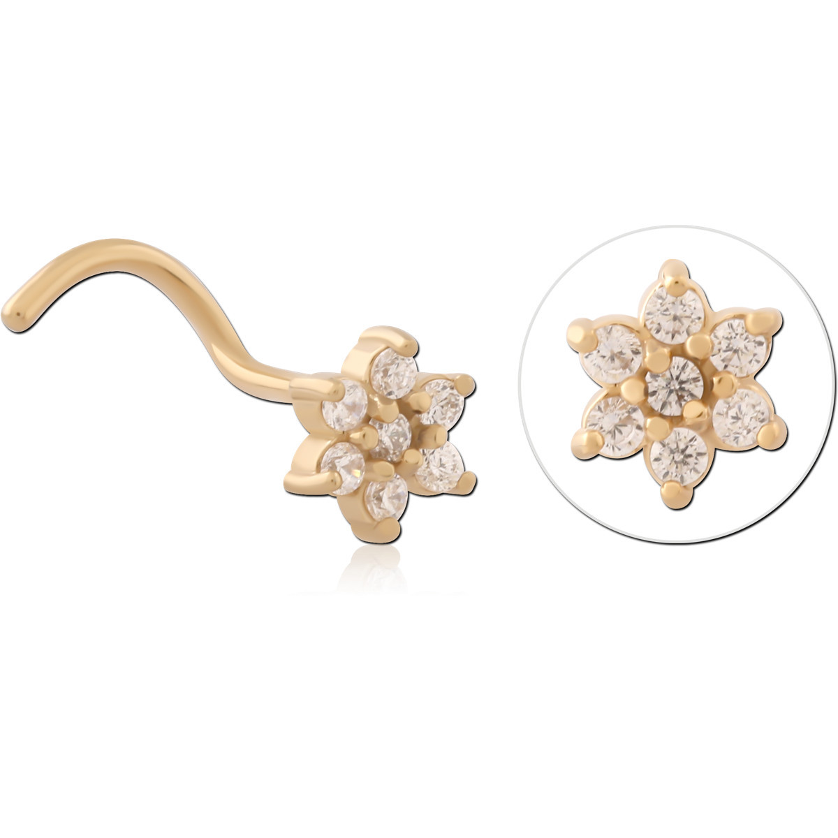 GOLD PVD 18K COATED SURGICAL STEEL CURVED JEWELED NOSE STUD