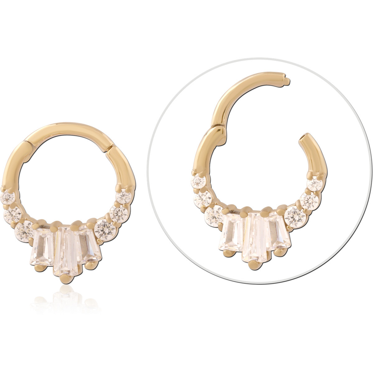 GOLD PVD 18K COATED SURGICAL STEEL HINGE SEGMENT RING BAGUETTE CLUSTER WITH ROUND GEMS