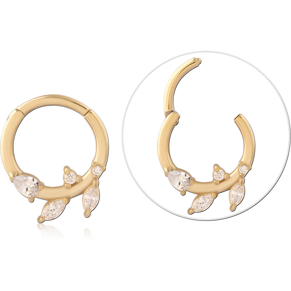 GOLD PVD 18K COATED SURGICAL STEEL MULTI PURPOSE CLICKER MARQUISE LEAF GEMS