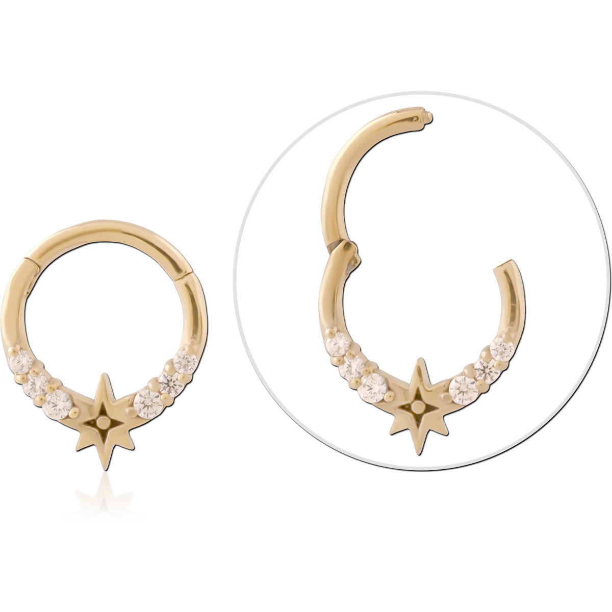 GOLD PVD 18K COATED SURGICAL STEEL HINGE SEGMENT RING STAR AND ROUND GEMS