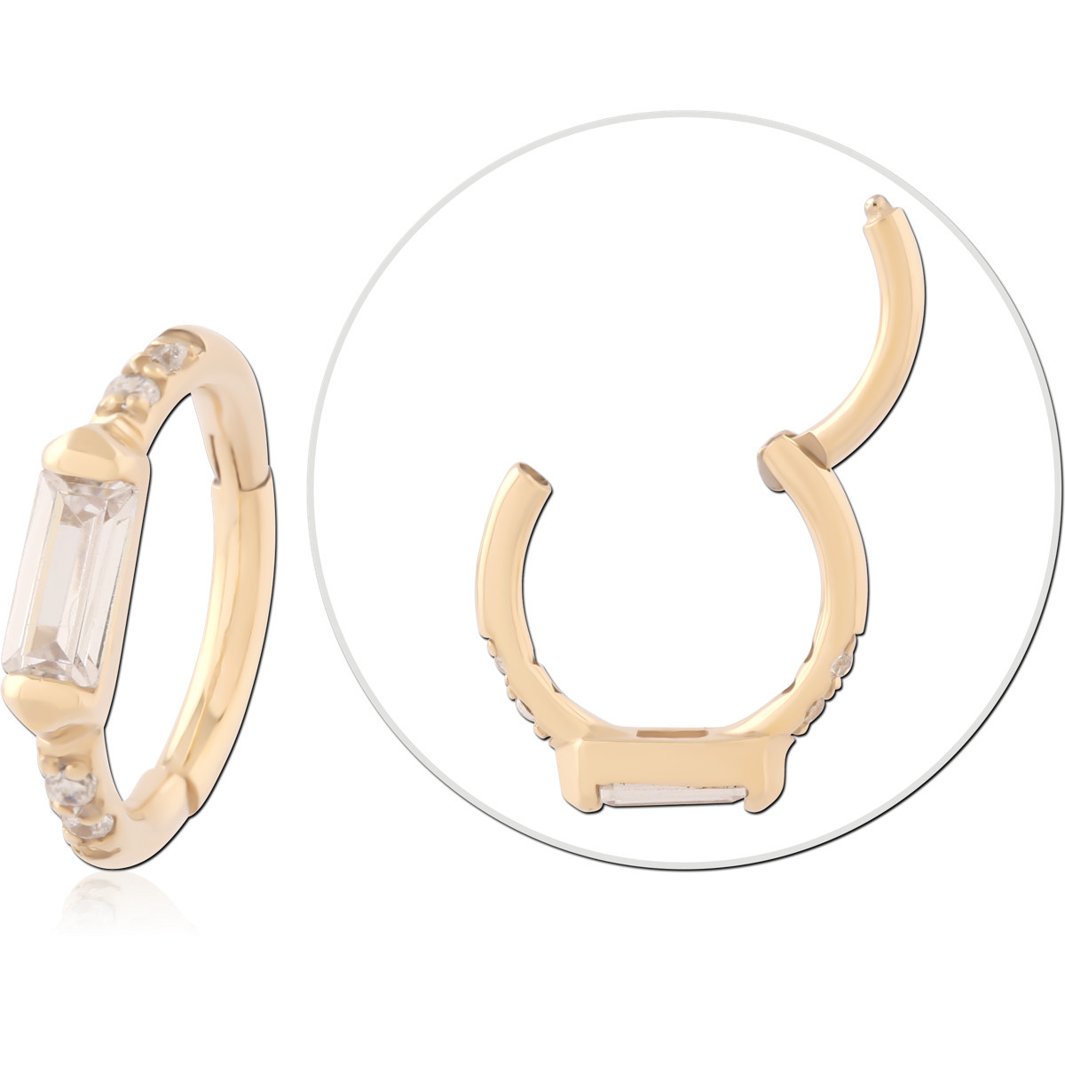 GOLD PVD 18K COATED SURGICAL STEEL HINGED SEGMENT RING BAGUETTE AND CLEAR GEMS