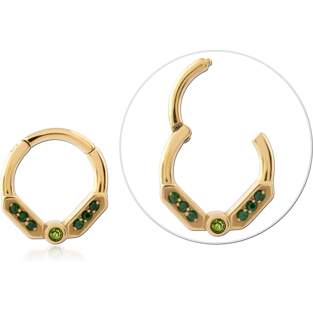 316L GOLD PVD 18K COATED SURGICAL STEEL HINGE RING GREEN GEM CHEVRON PAVE