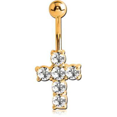 GOLD PVD COATED BRASS JEWELLED CROSS NAVEL BANANA