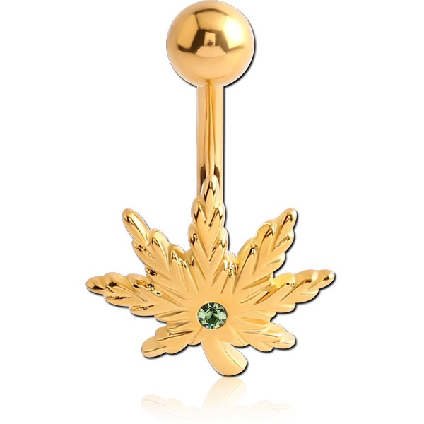 GOLD PVD COATED BRASS JEWELLED NAVEL BANANA - MARIJUANA LEAF
