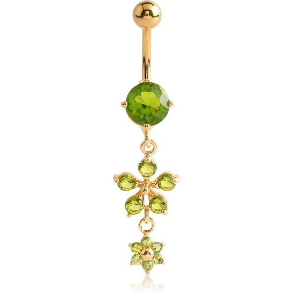 GOLD PVD COATED BRASS JEWELLED FLOWER NAVEL BANANA WITH DANGLE CHARMS