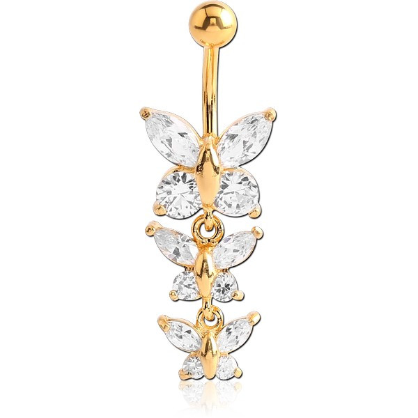 GOLD PVD COATED BRASS JEWELLED BUTTERFLY NAVEL BANANA WITH DANGLING CHARM - BUTTERFLY